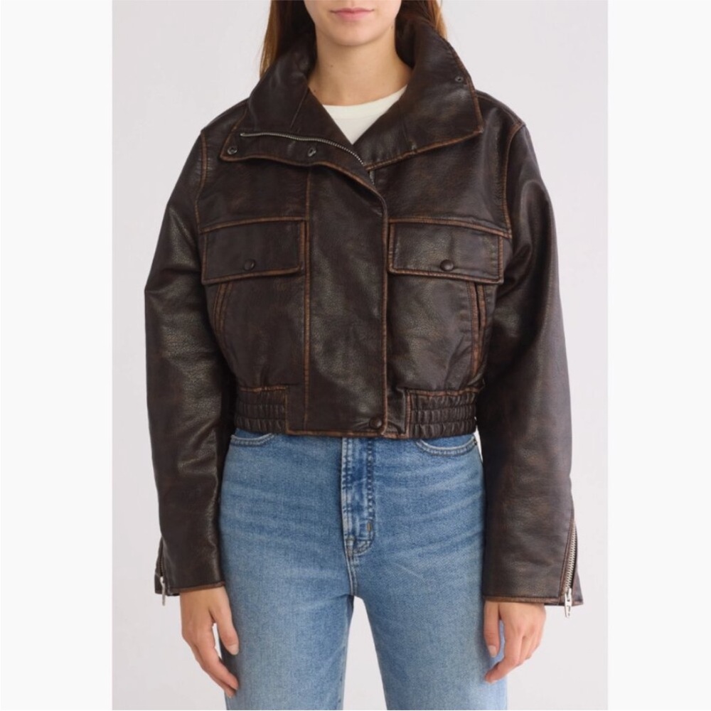 BLANK NYC Faux Leather Washed High Collar Jacket in Distressed Brown